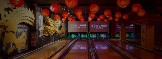 Bowling lanes with a chinatown theme at Bowlmor