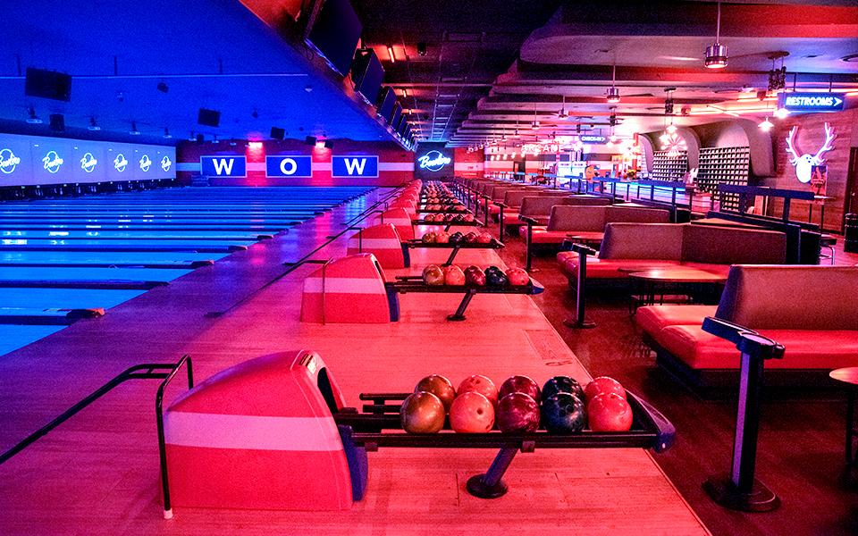 Colorfully lit bowling lanes