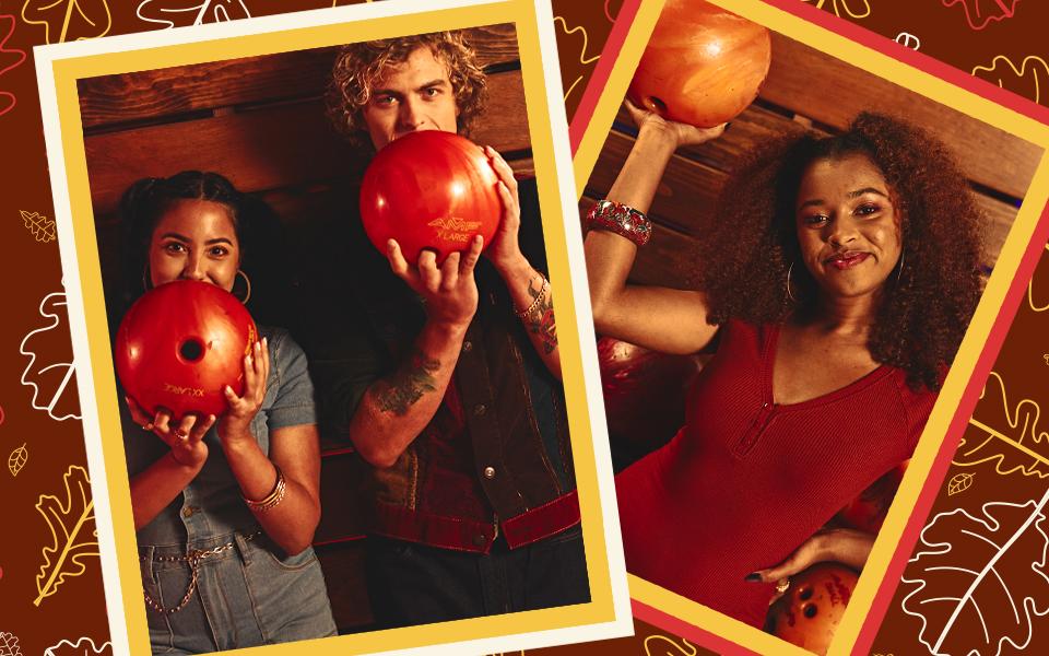 Portraits of bowlers holding bowling balls framed in borders with a fall-style background