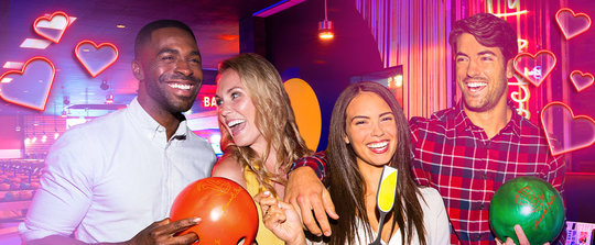 group of people holding bowling balls in front of a stylized background